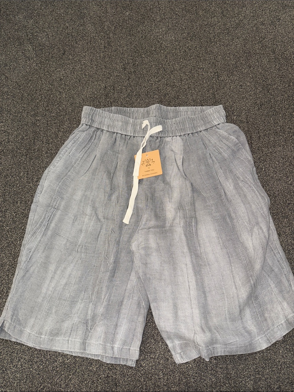 NWT Buddha Stones Men's Light Gray Linen-Blend Drawstring Shorts